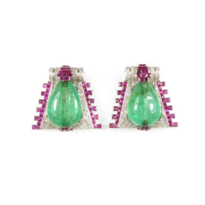   Cartier - Pair of cabochon emerald, ruby and diamond clip brooches of geometric triangular design | MasterArt